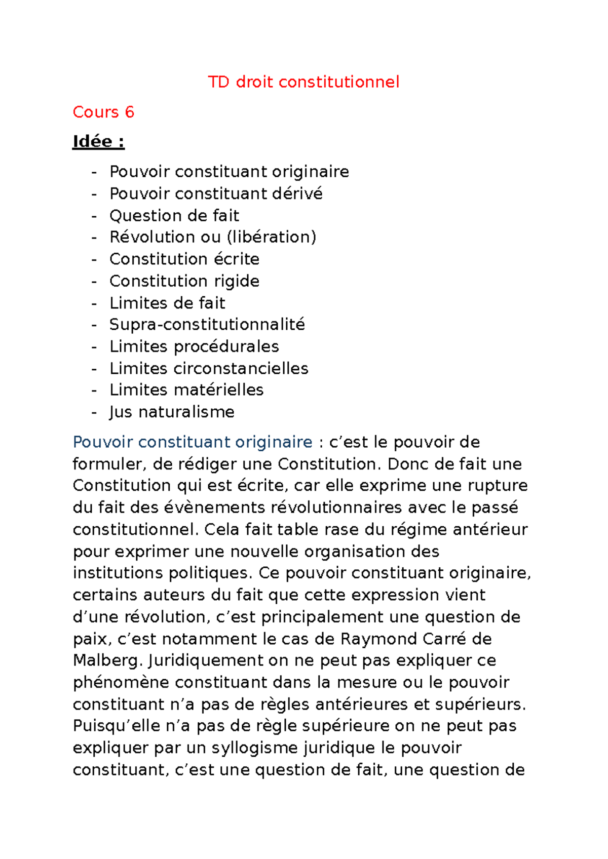 TD Droit Constitutionnel - Cours 6 : Pouvoirs Constituants et Limites ...