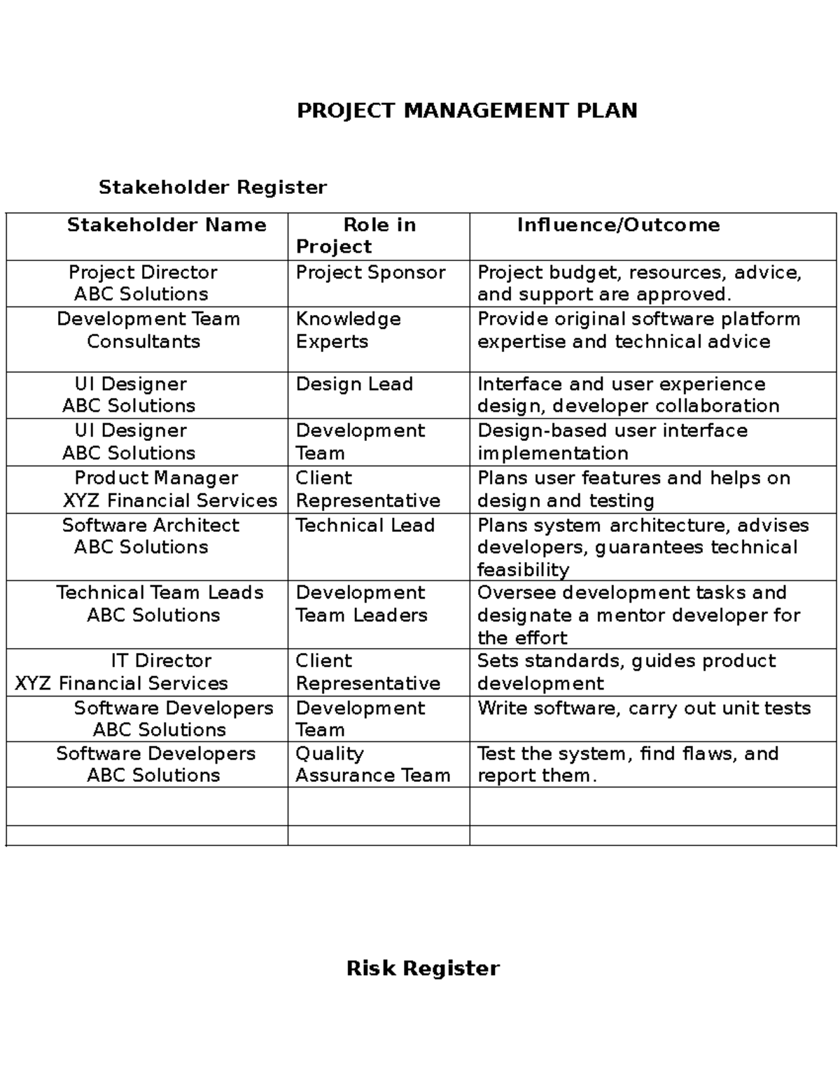 3-1 Project One Project Plan - PROJECT MANAGEMENT PLAN Stakeholder ...