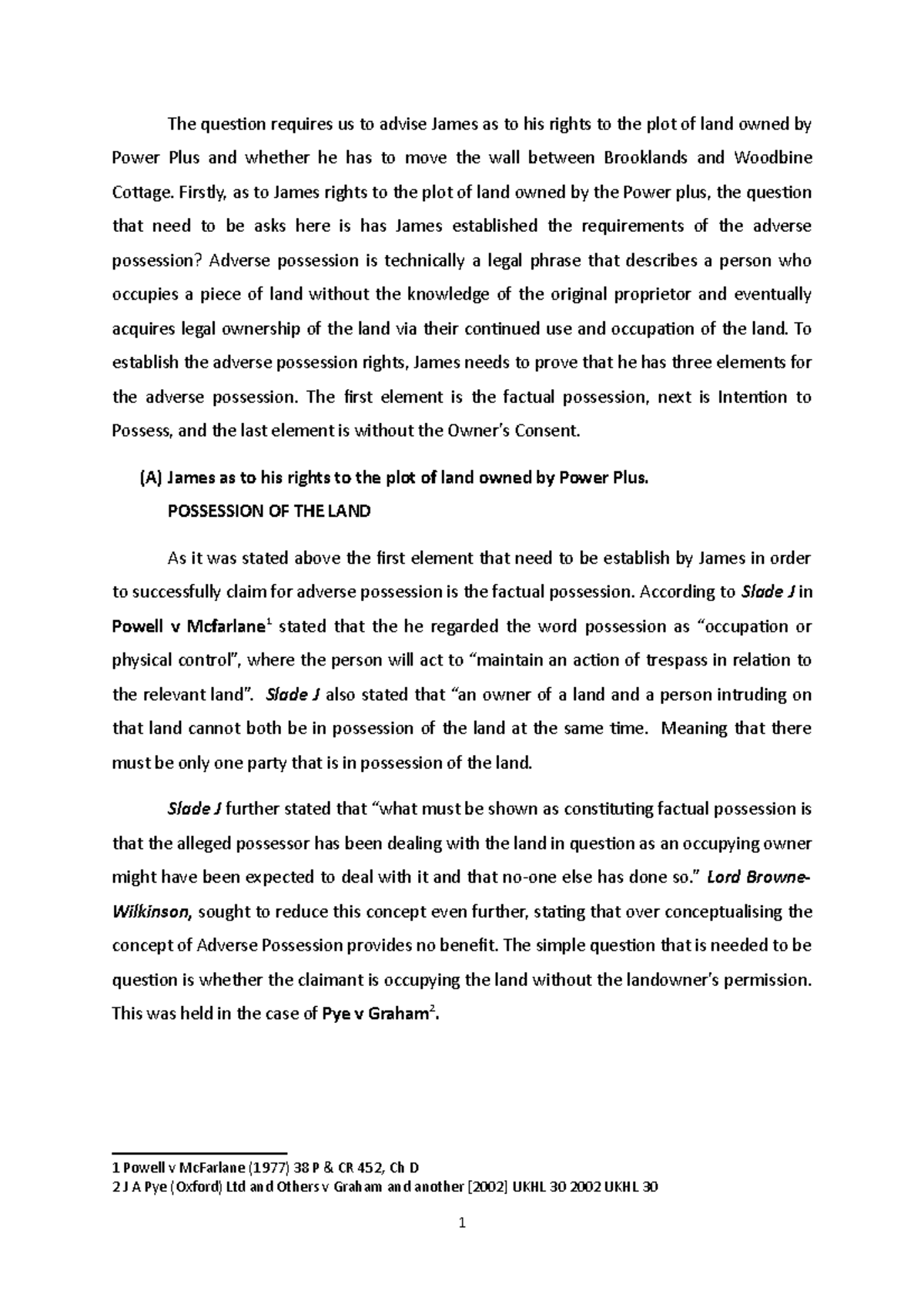 LAND LAW ASSIGNMENT: Adverse Possession and Rights Analysis - Studocu