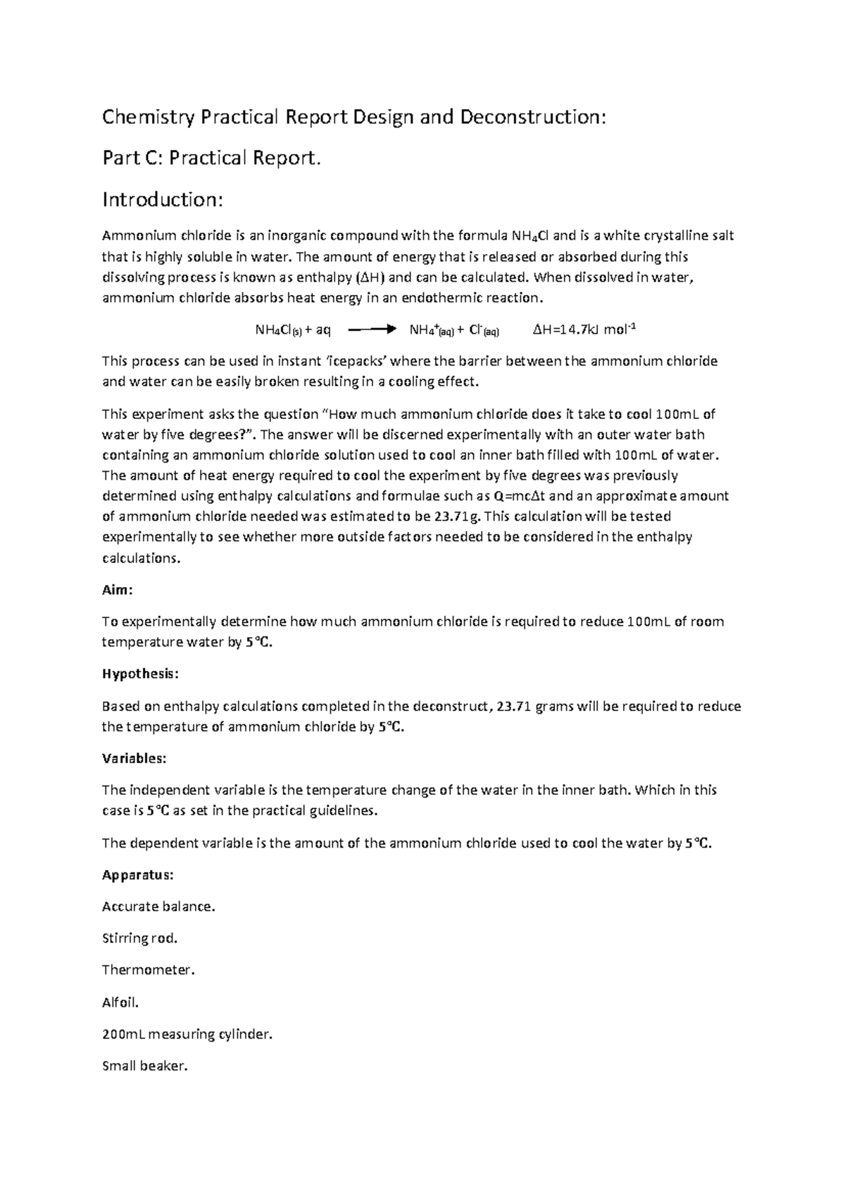 Chemistry Prac Report enthalpy deconstruct Final - Chemistry Practical ...