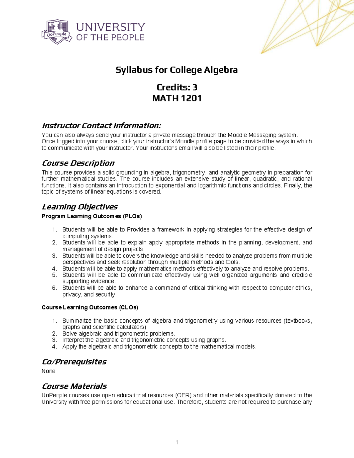 MATH 1201 College Algebra Syllabus and Course Overview - Studocu