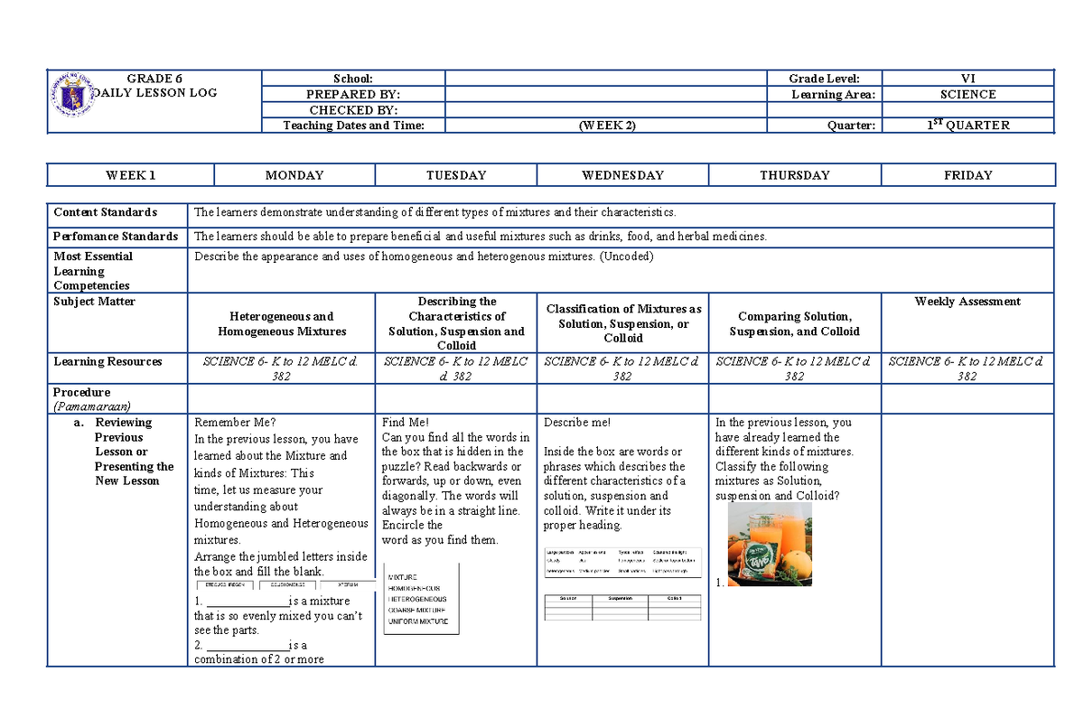 Q1 DLL Week 2: Understanding Mixtures in Science 6 - Studocu