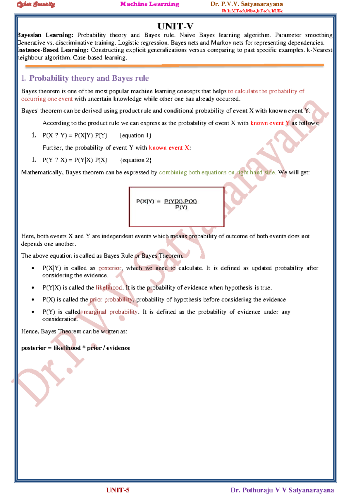 CS ML Unit 5: Bayesian Learning and Naive Bayes Algorithm Insights ...