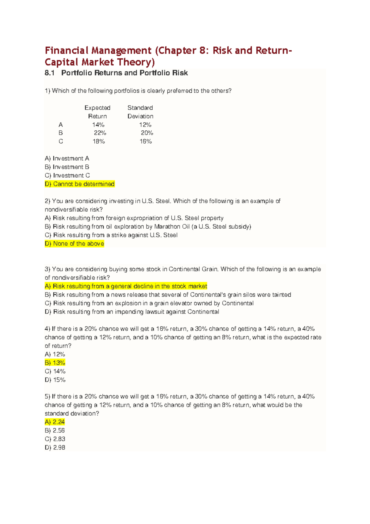 Financial Management (Chapter 8: Risk and Return) - Key Concepts and ...
