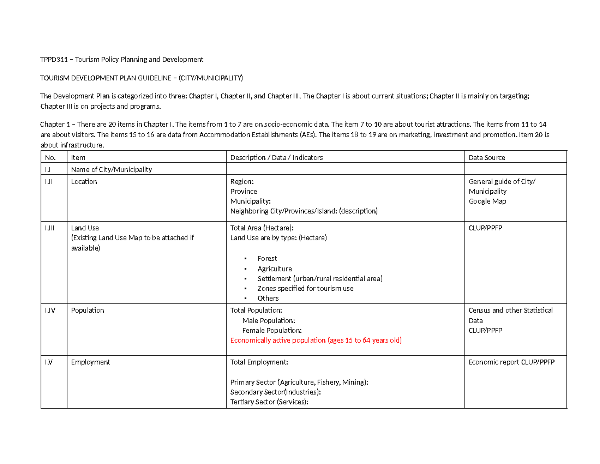 TDP311 Tourism development plan guidelines and formatting notes - Studocu