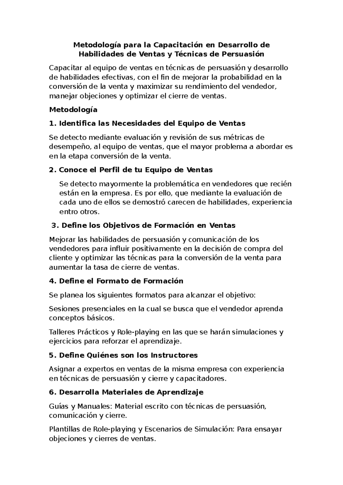 Metodología para Capacitar en Técnicas de Ventas y Persuasión - Studocu