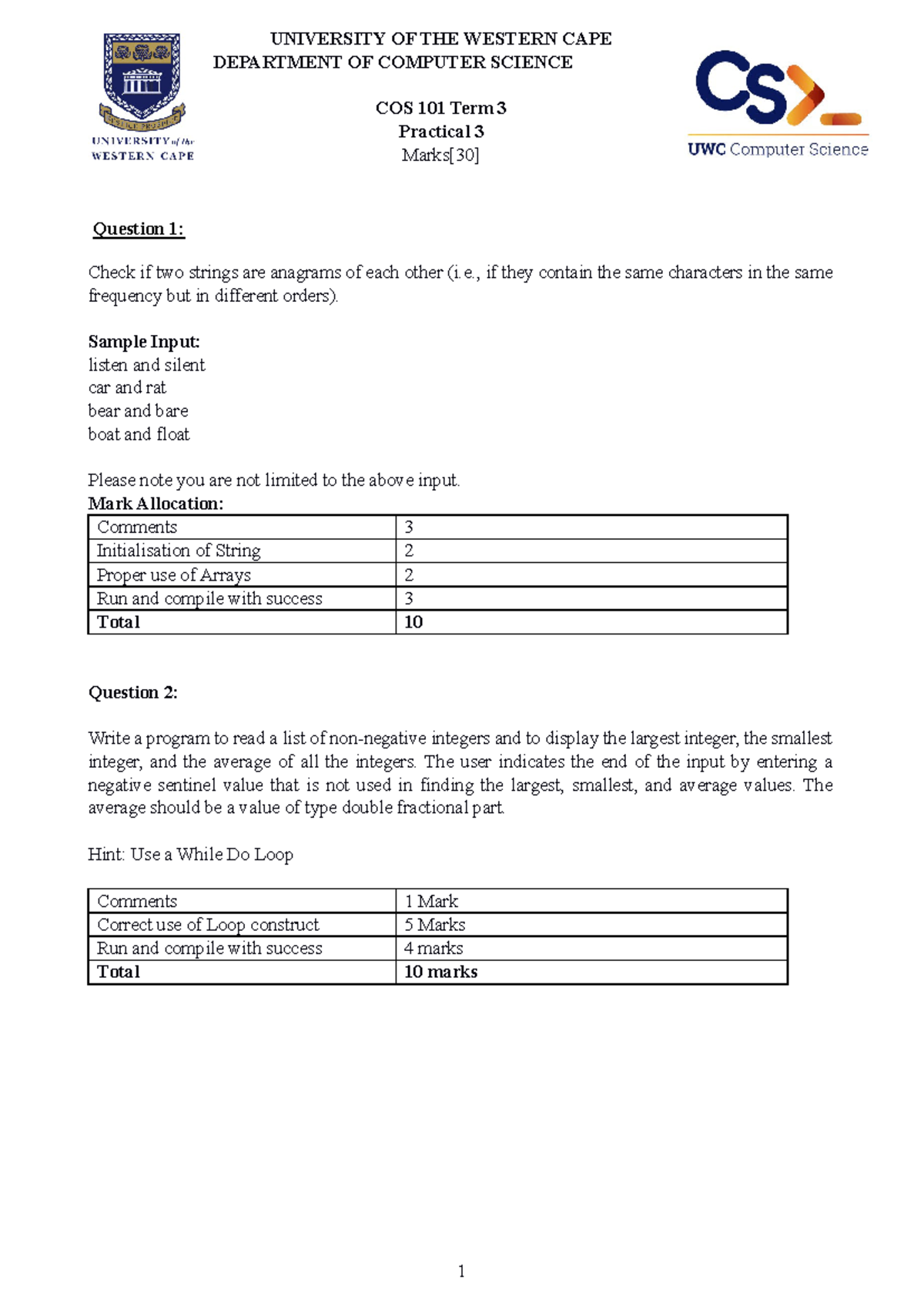 COS101 2024 T3 Prac3 Thur - UNIVERSITY OF THE WESTERN CAPE DEPARTMENT ...
