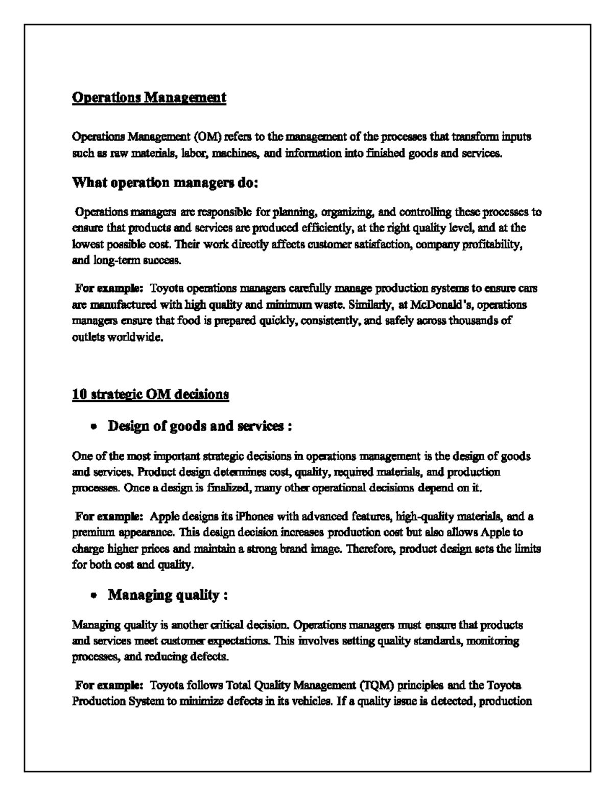 Production Assignment 1: Key Concepts in Operations Management (OM ...