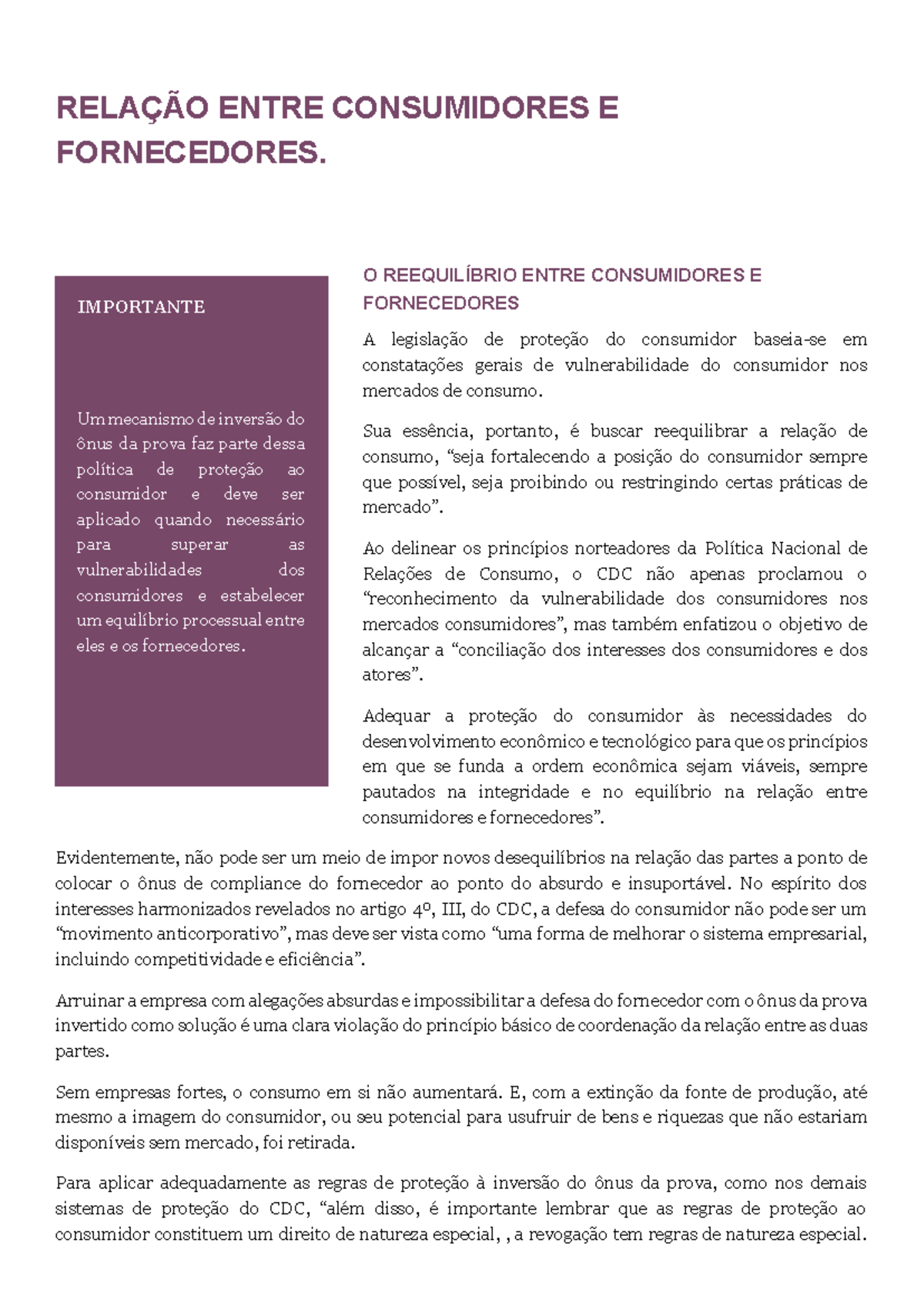Relação de Consumo: Proteção ao Consumidor e Fornecedores no CDC - Studocu