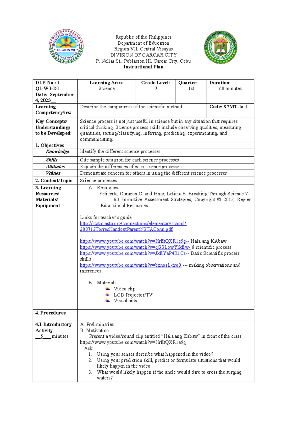 COT-MTB-Q4 Detailed Lesson Plan: Exploring Action Words in MTB - Studocu
