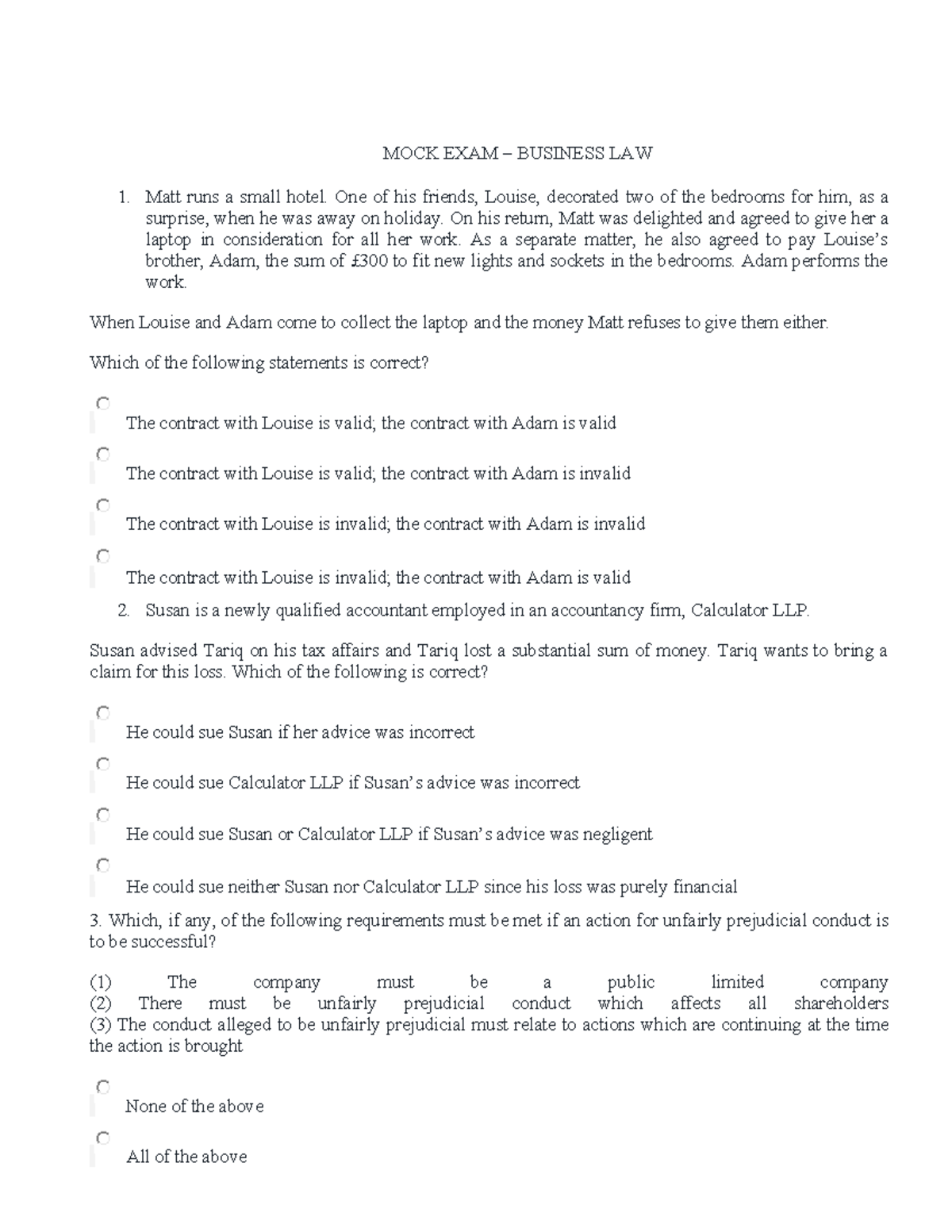 MOCK EXAM BUSINESS LAW 1 - Comprehensive Review and Analysis - Studocu