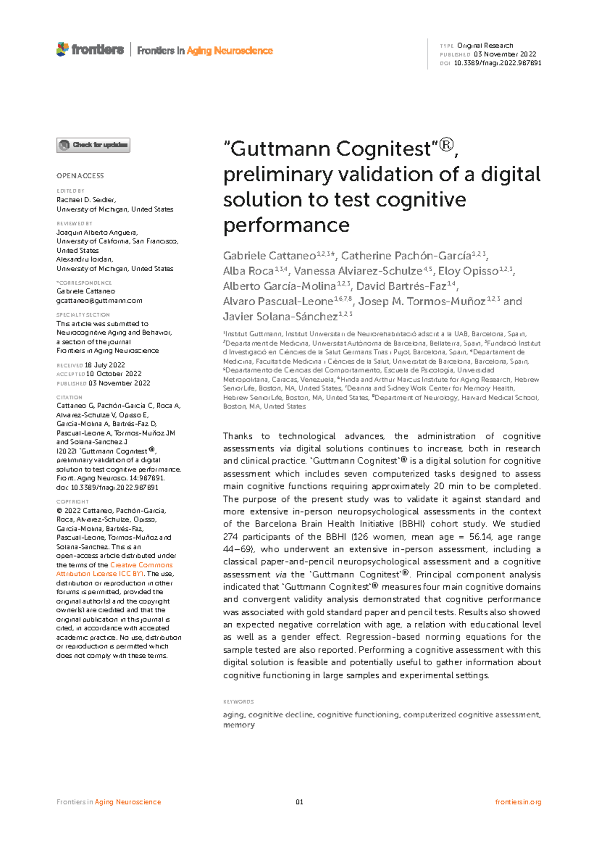 Preliminary Validation of a Digital Cognitive Assessment Tool (Fnagi-14 ...