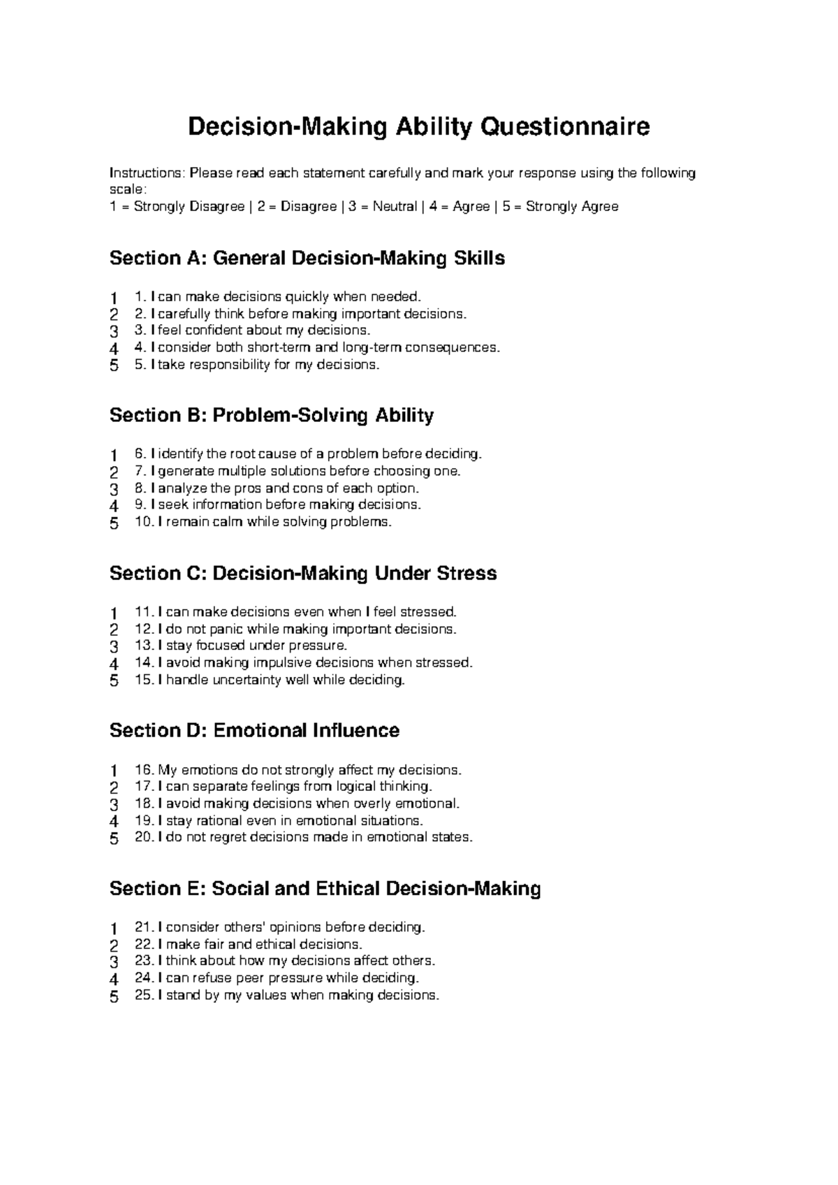Decision Making Questionnaire Instructions and Scale - Studocu