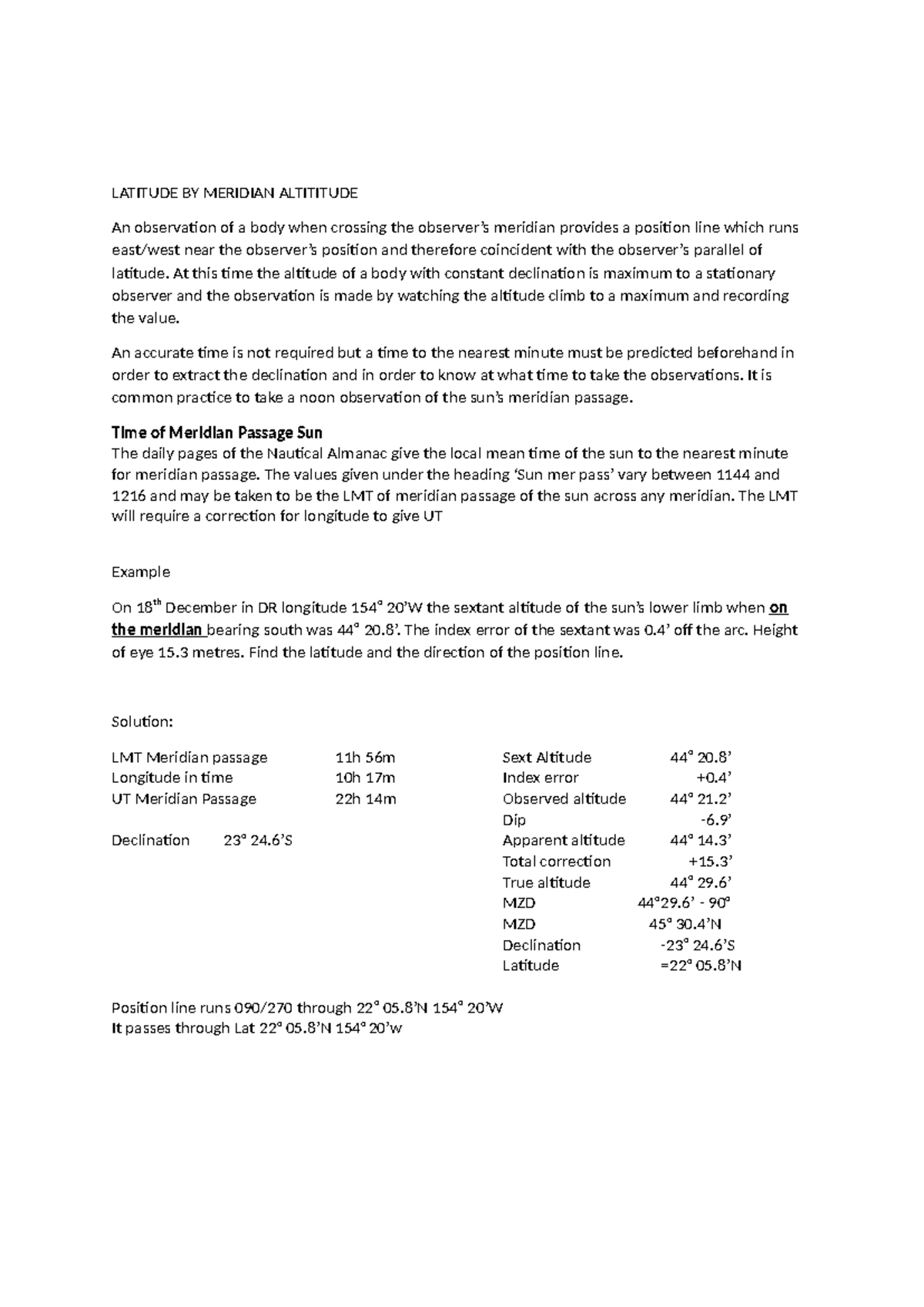 Latitude Calculation Using Meridian Altitude Method Explained - Studocu