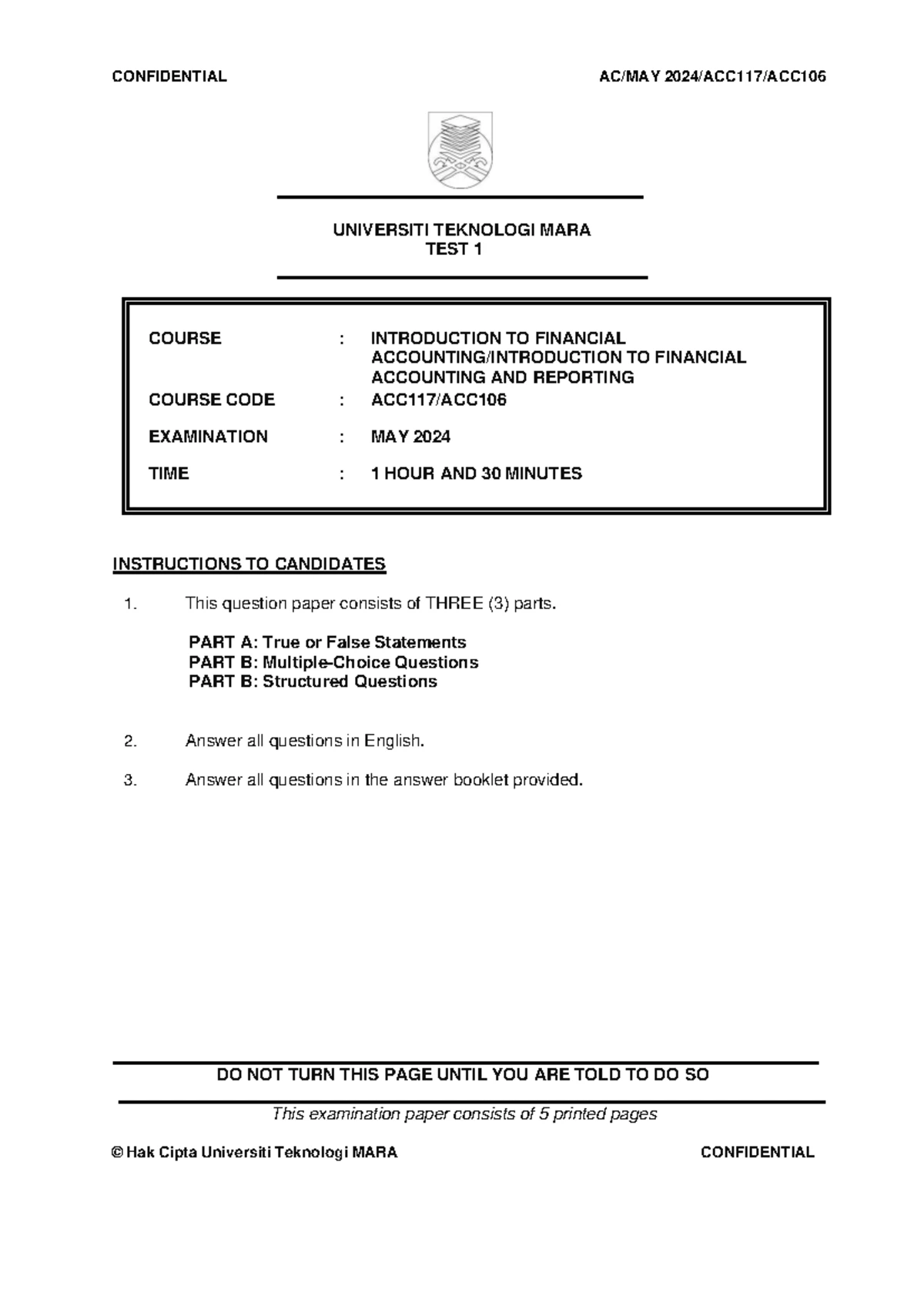 QQ-TEST 1 ACC117: Introduction to Financial Accounting Exam May 2023 ...