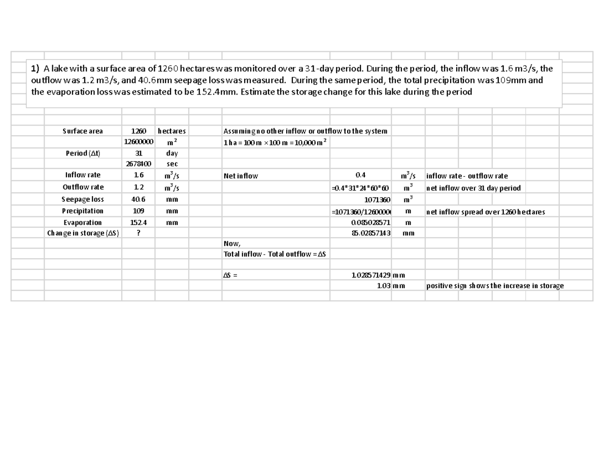 Hydrology Tutorial 1 Solutions for Inflow and Outflow Calculations ...
