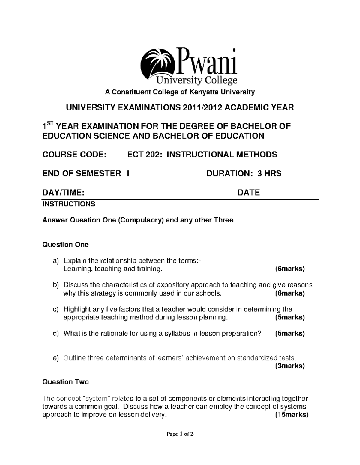 ECT 202 - Instructional Methods End of Semester Exam Notes - Studocu