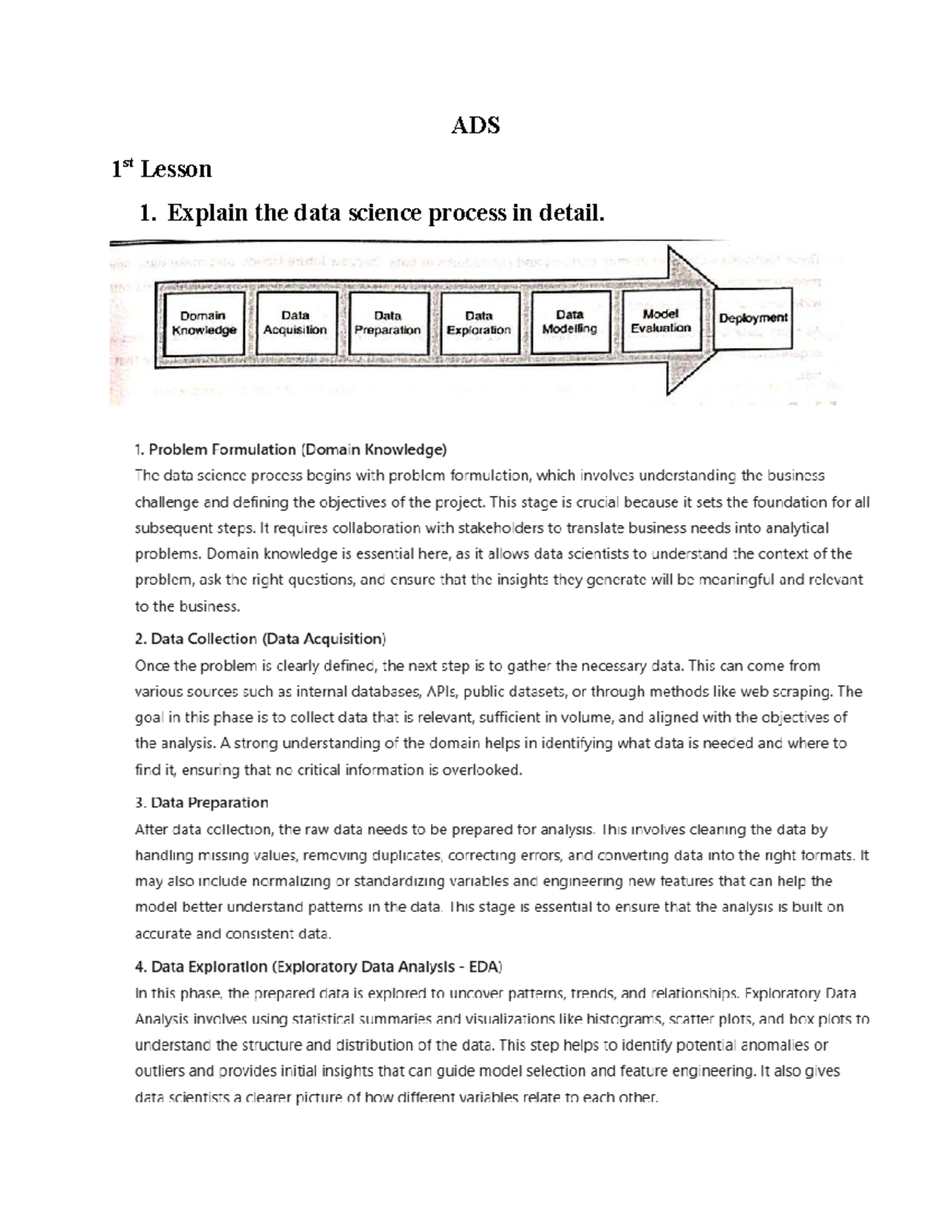 ADS - Comprehensive Notes on Data Science Process & Techniques - Studocu