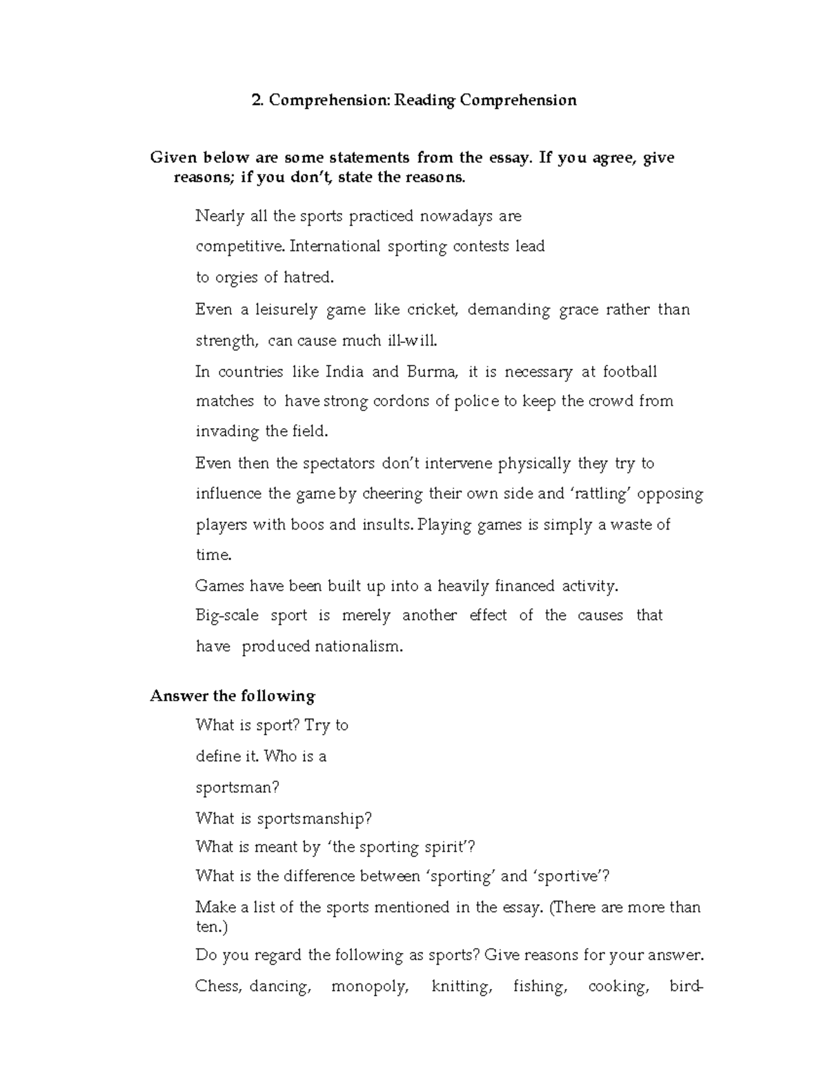 Lec02 - For study - Comprehension: Reading Comprehension Given below ...