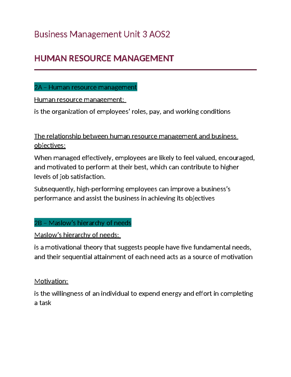 Business Management Unit 3 AOS2: Human Resource Management Insights ...