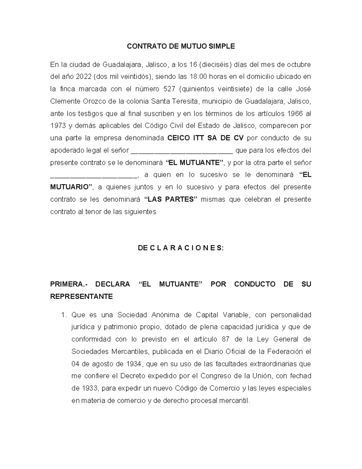 Contrato DE Mutuo Simple SÍ - CONTRATO DE MUTUO SIMPLE En la ciudad de ...