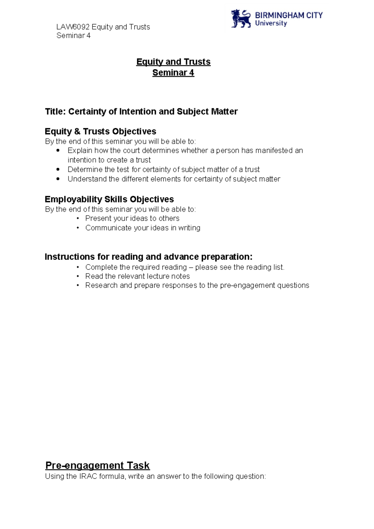 Certainty of intention and subject matter - Seminar 4 Equity and Trusts ...