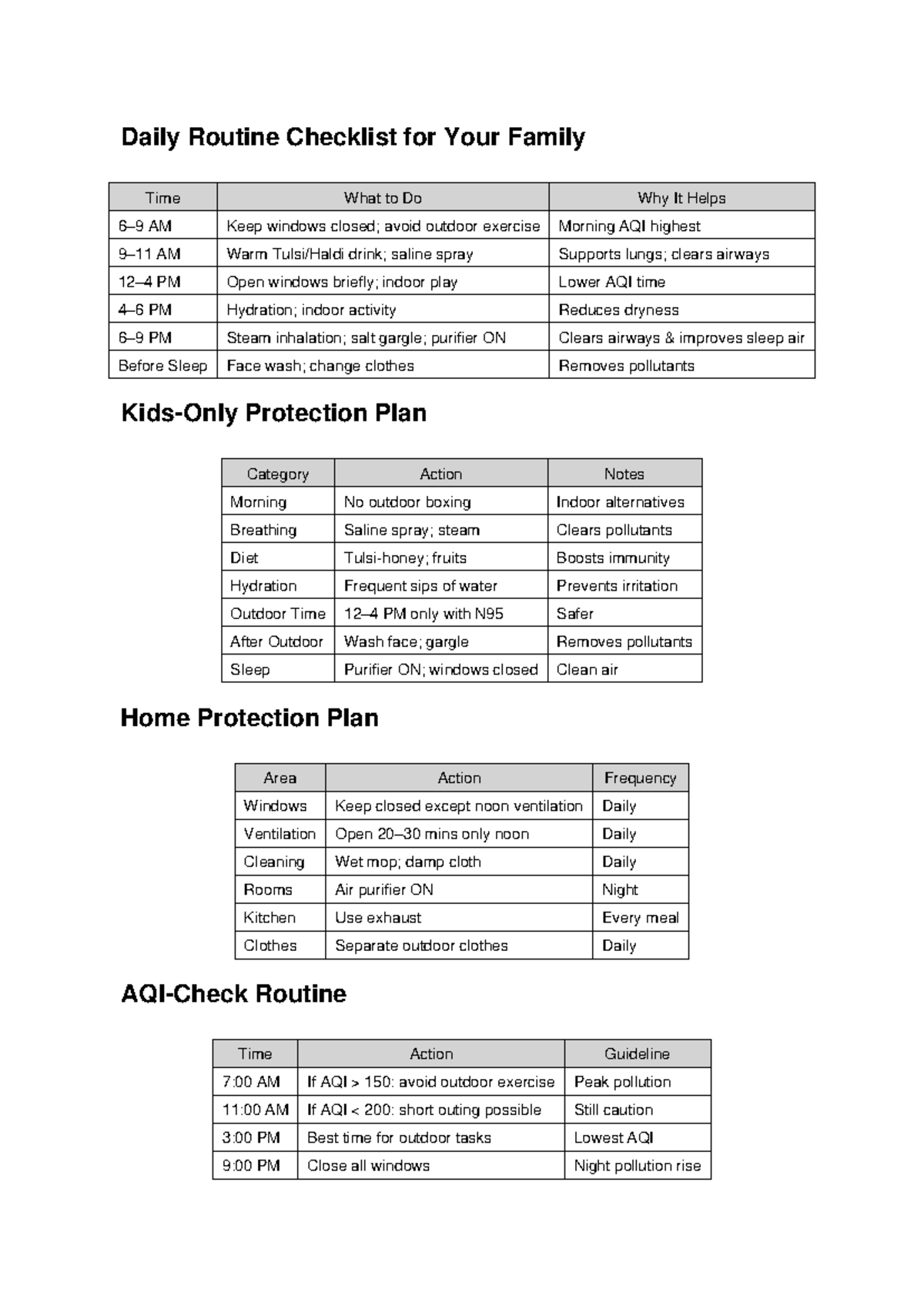 Air Quality Health Plan: Daily Routine Checklist for Family Care - Studocu
