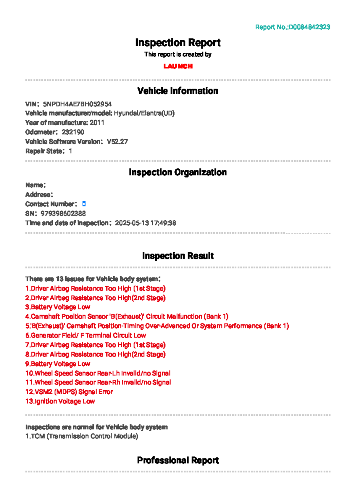 Inspection Report D0084842323: Vehicle Body System Issues Summary - Studocu