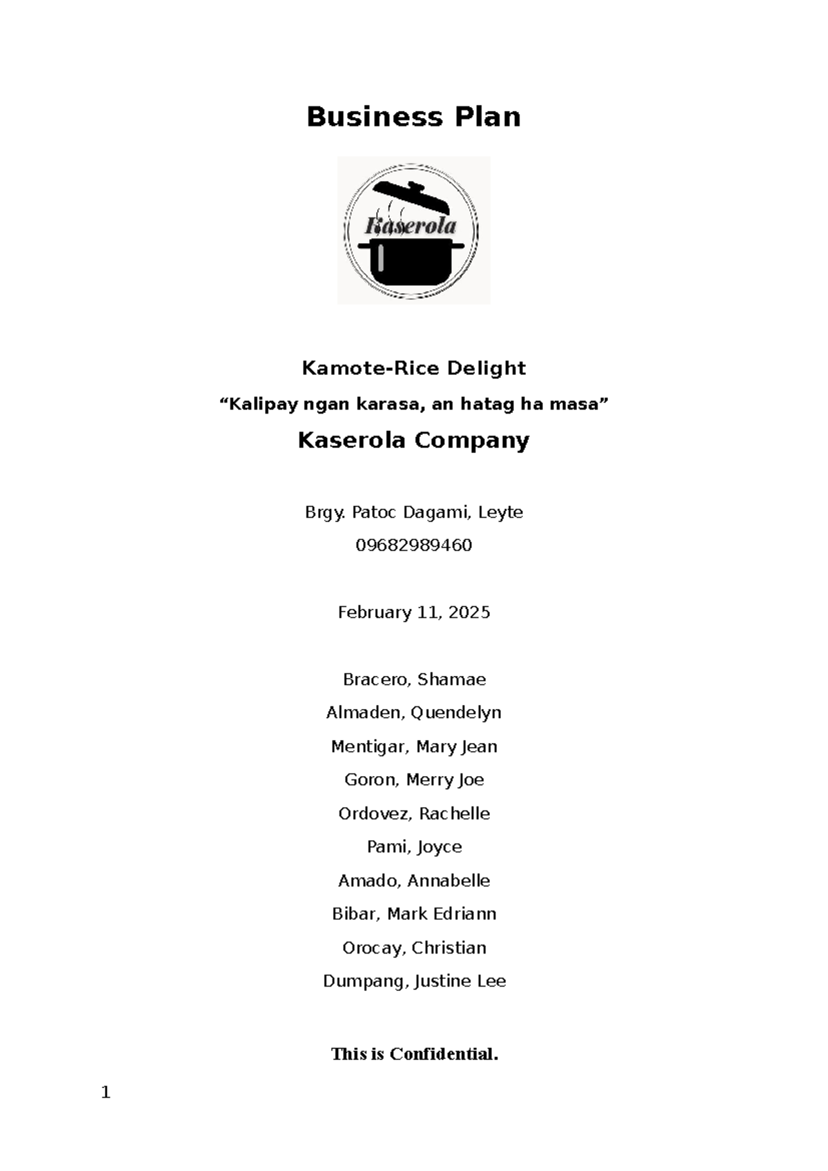 Business Plan for Kamote-Rice Delight (ENTREPRENEUR 101) - Studocu