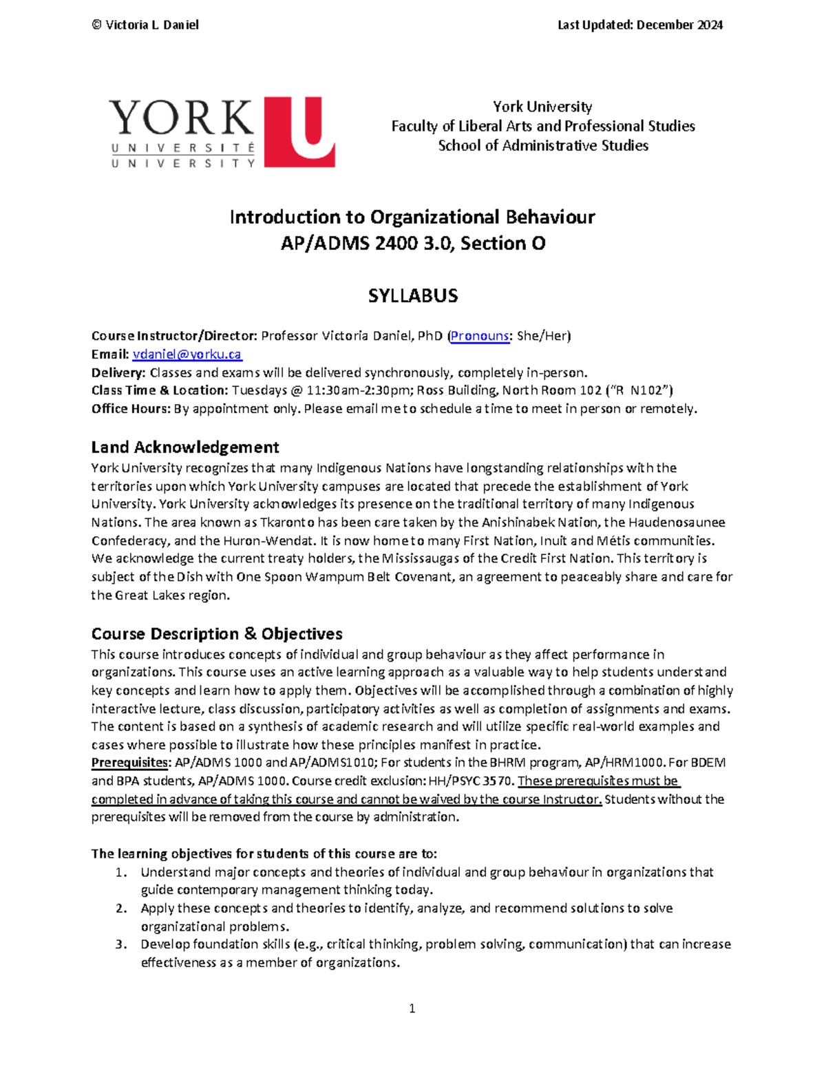 Course Outline ADMS 2400 W2025 - York University Faculty of Liberal ...