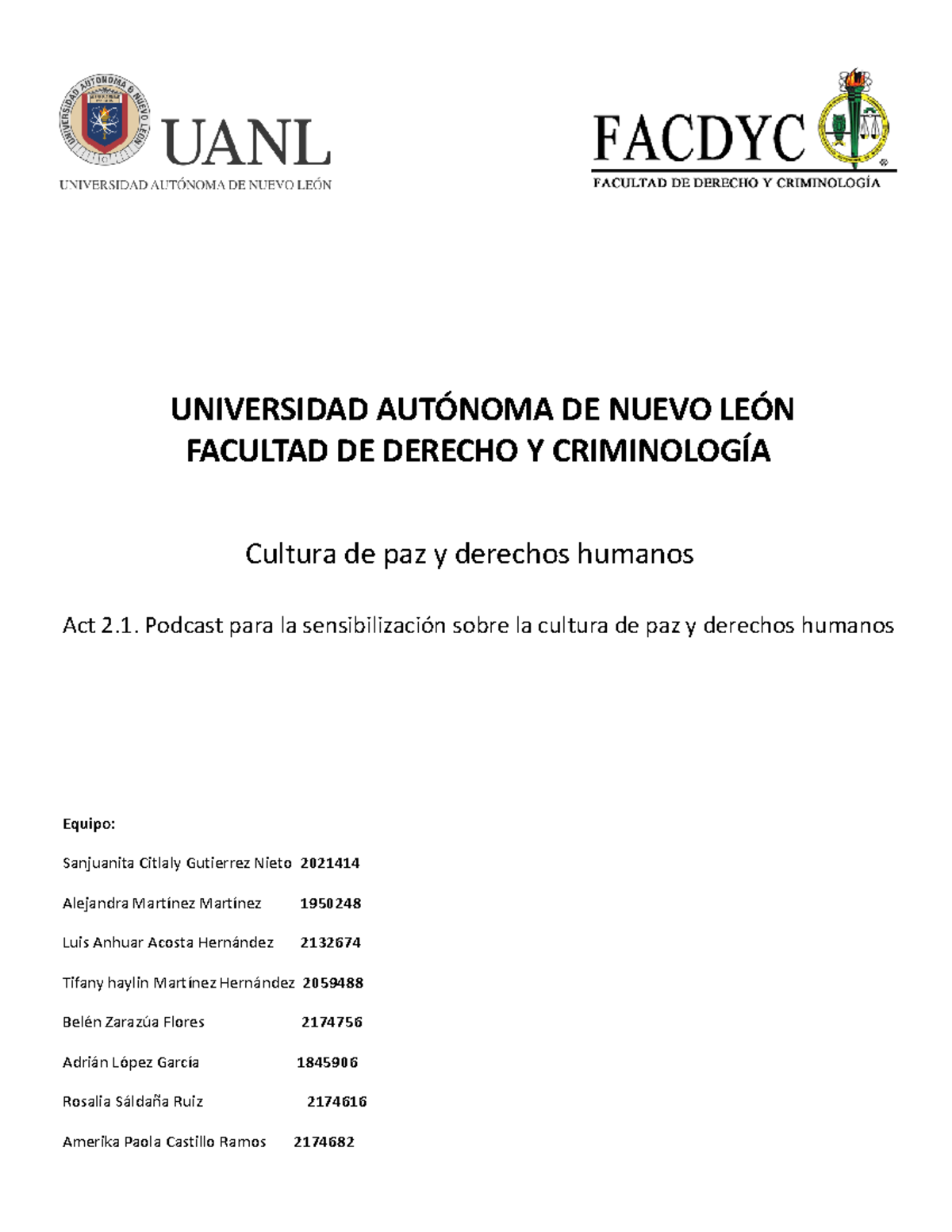 EAMM Act 2.1 Podcast: Derechos Humanos y Cultura de Paz - Studocu