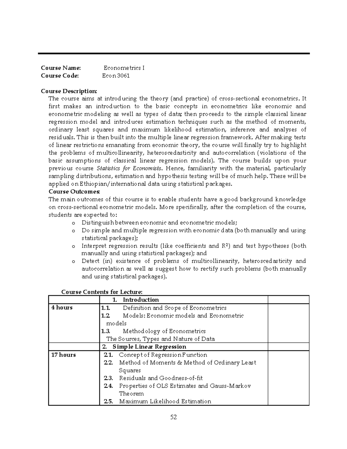 Econometrics I (Econ 3061) - Course Outline and Key Concepts - Studocu