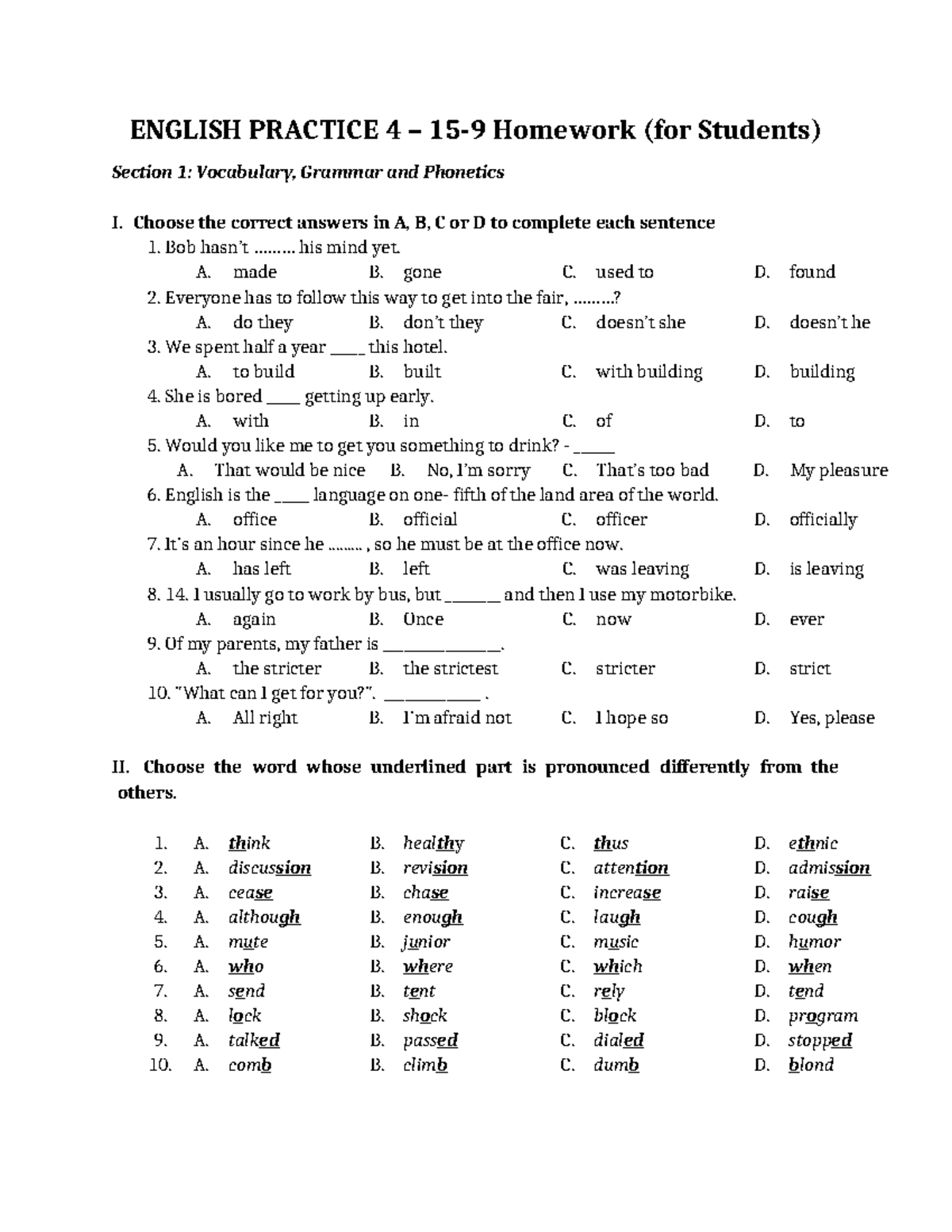 English Practice 4: Homework on Vocabulary, Grammar & Phonetics - Studocu