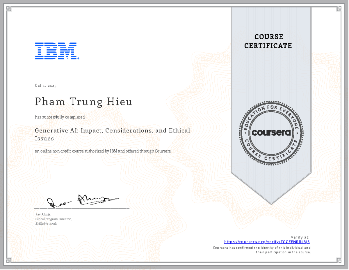 Generative AI Course Completion - IBM Coursera (GCEENR 43J6) - Studocu