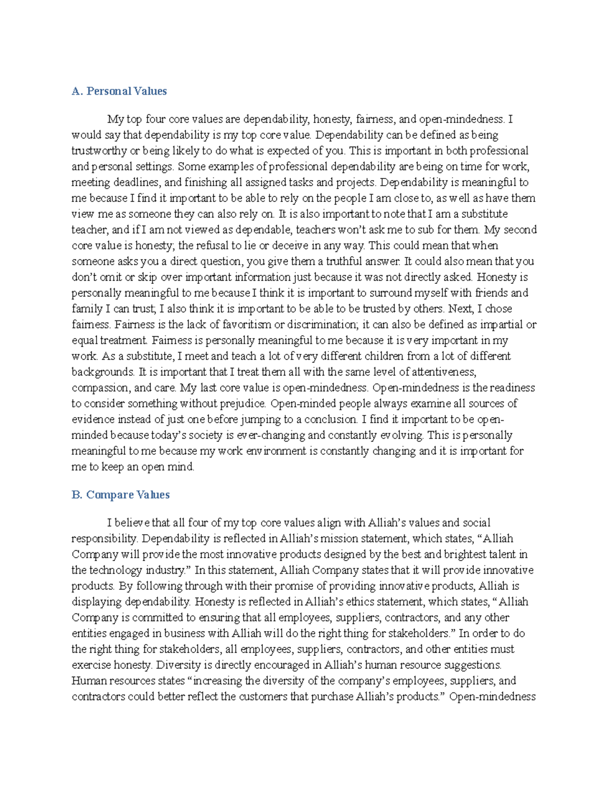 D082 - Task 2 final - No revisions needed - A. Personal Values My top ...