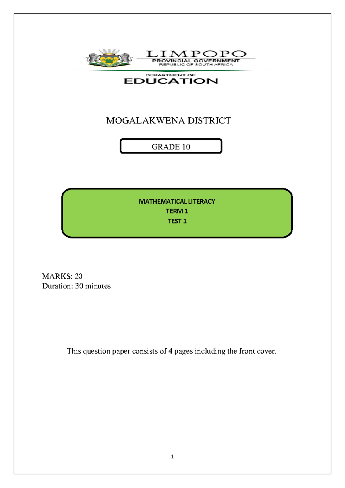SEKHUKHUNE SOUTH DISTRICT GRADE 10 TERM 1 MATHEMATICAL LITERACY TEST ...