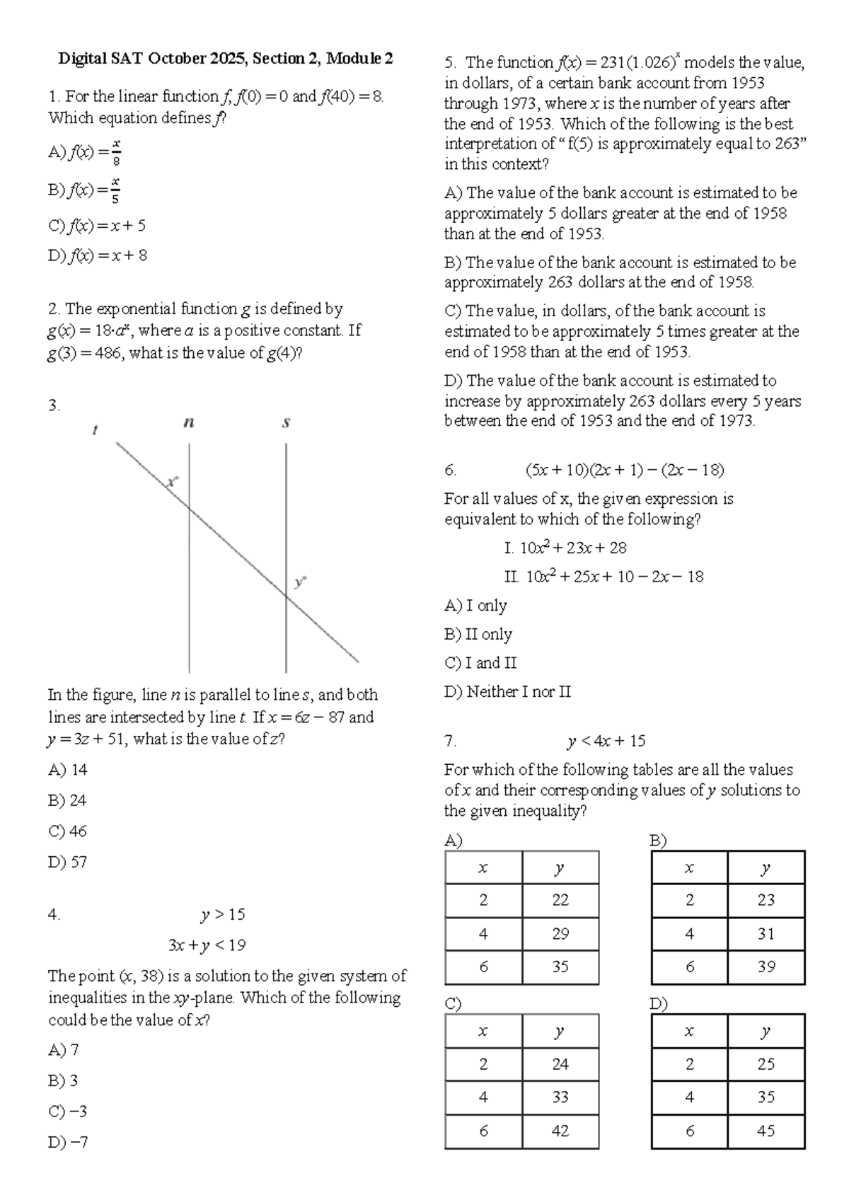 2025 10 Digital SAT Int A Math Final Exam Review Module 2 - Studocu