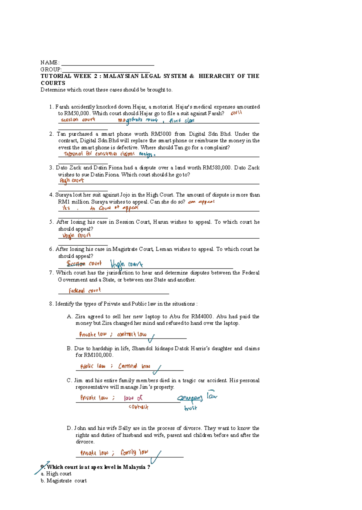 TUTO 240 W2 - Malaysian Legal System Court Hierarchy Tutorial Answers ...