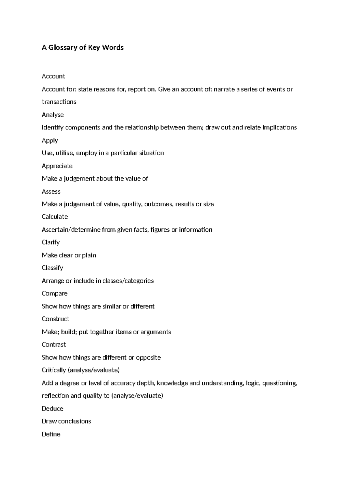 HSC Glossary of Key Verbs for Assessment Tasks - Studocu