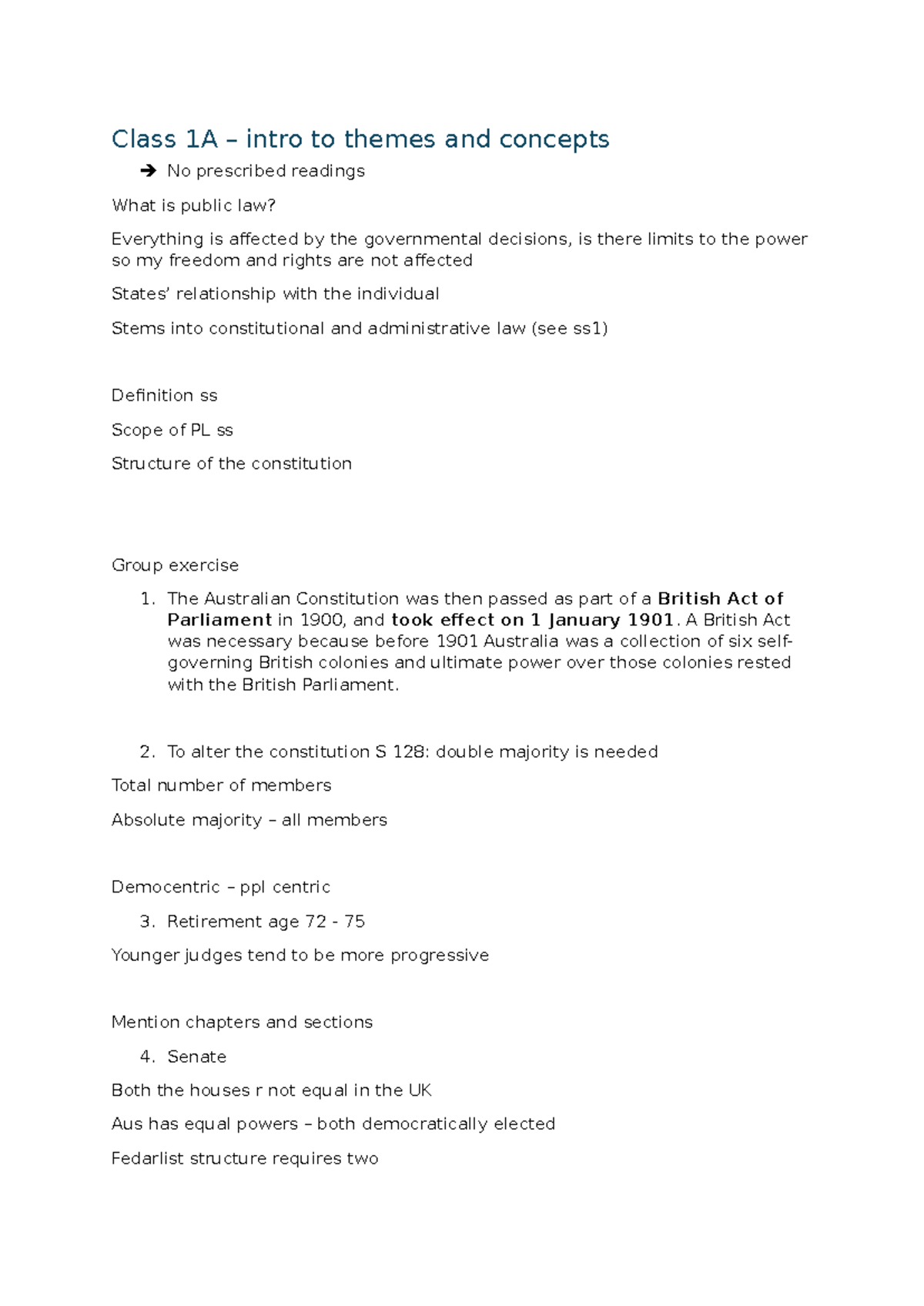 Class 1A & 1B: Public Law Themes and Concepts Overview - Studocu
