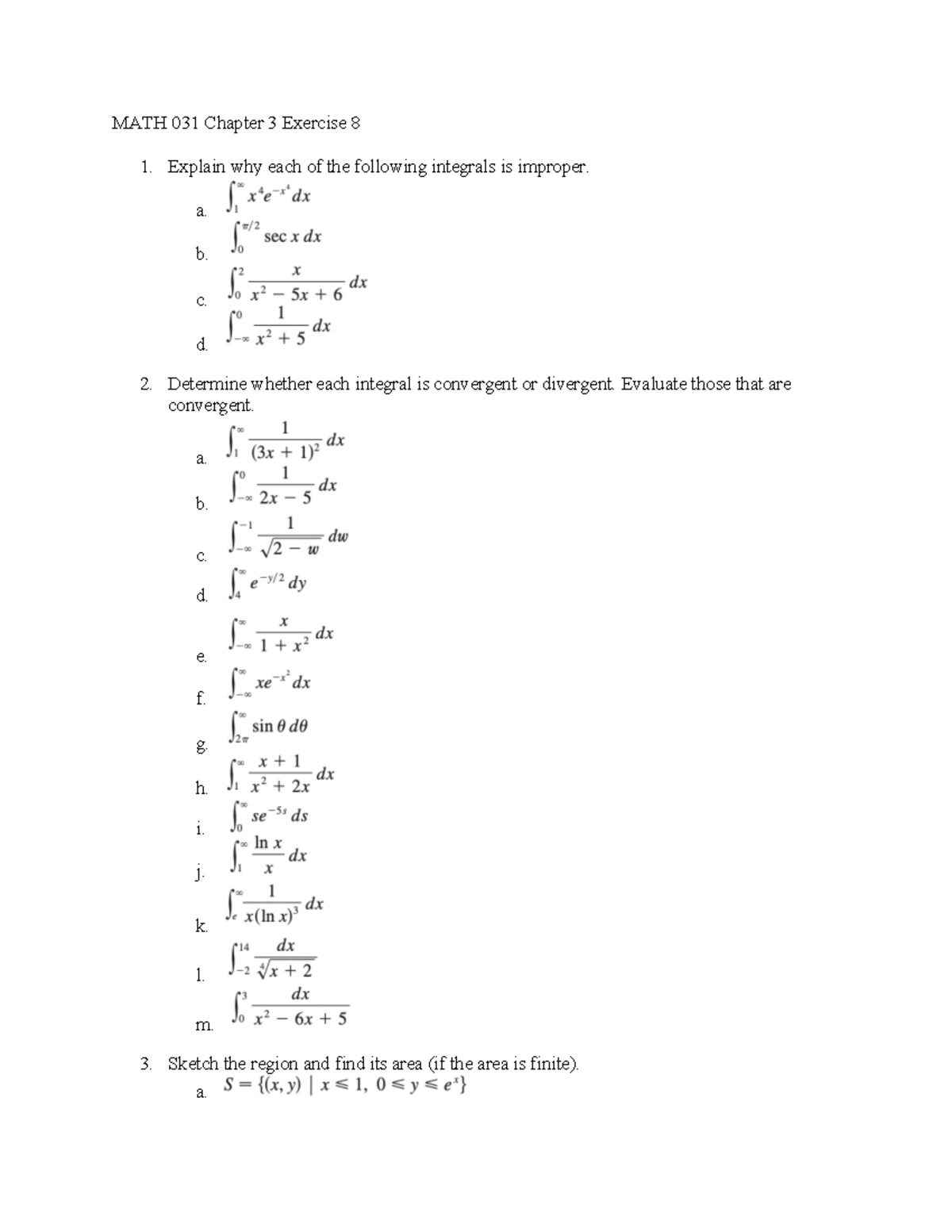 MATH 031 Chapter 3 Improper Integral Exercises and Solutions - Studocu