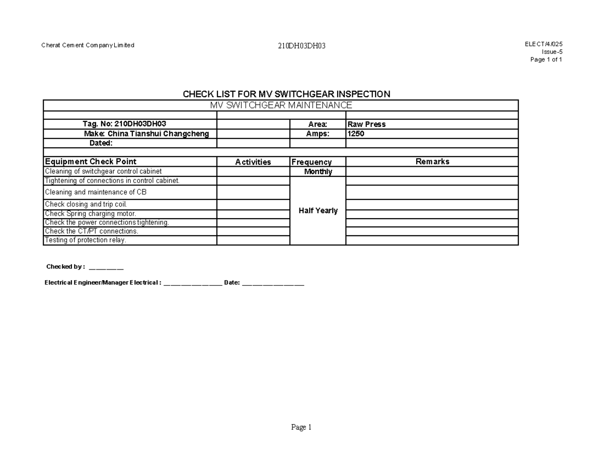 MVSG 210DH03 - MV Switchgear Inspection & Maintenance Checklist - Studocu