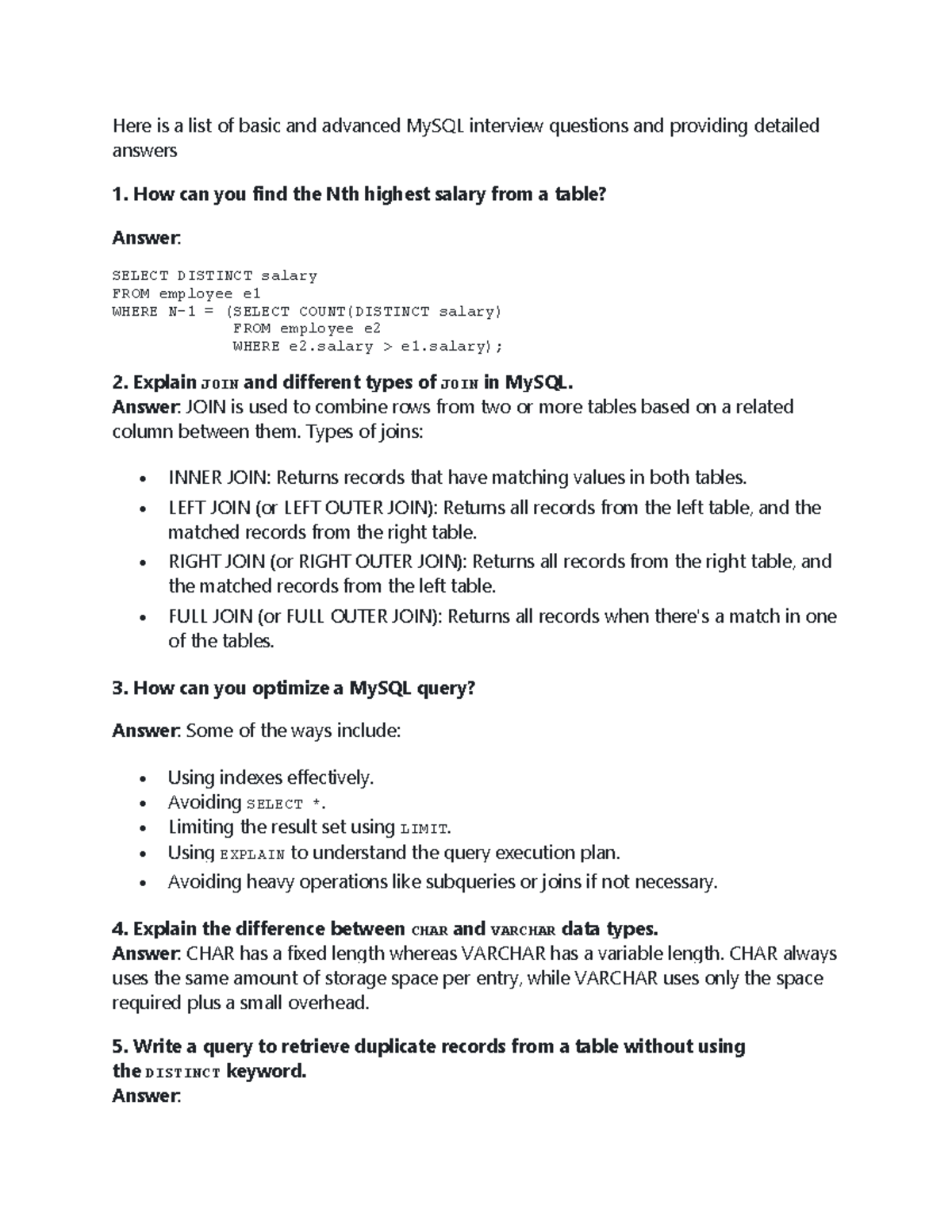 SQL basic to advanced questions with answers-1 - Here is a list of ...