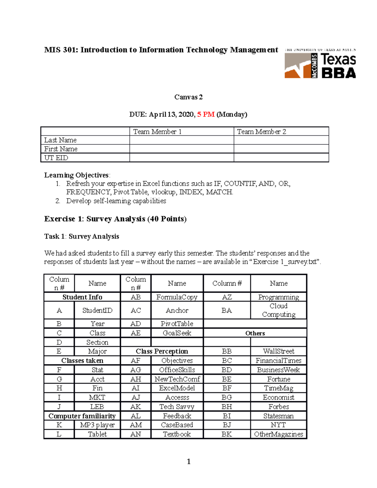 Excel Assignment 1 - Answer Sheet for MIS 301 Class - Studocu