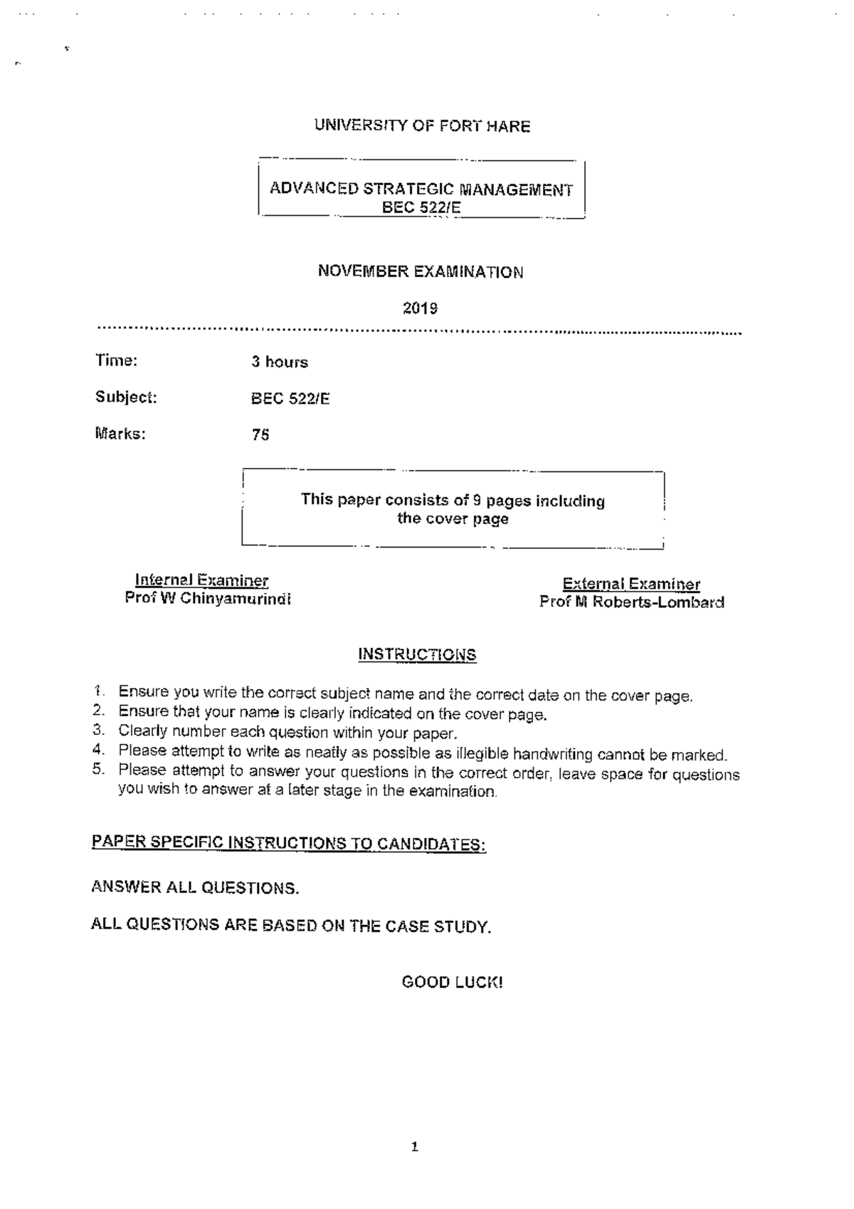 BEC522 Advanced Strategic Management Final Exam November 2019 - Studocu