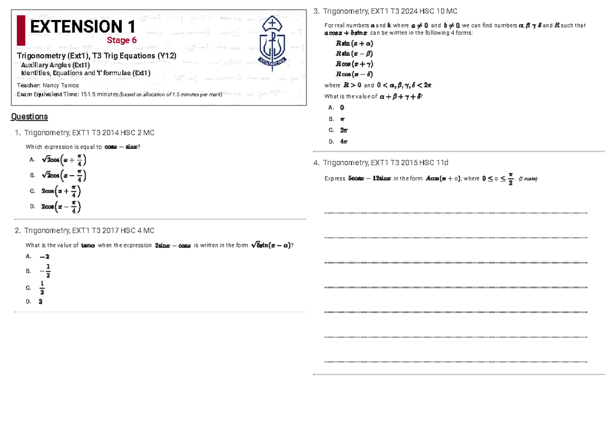 Trigonometry EXT1 T3 Equation Study Guide & Practice (Y12) - Studocu