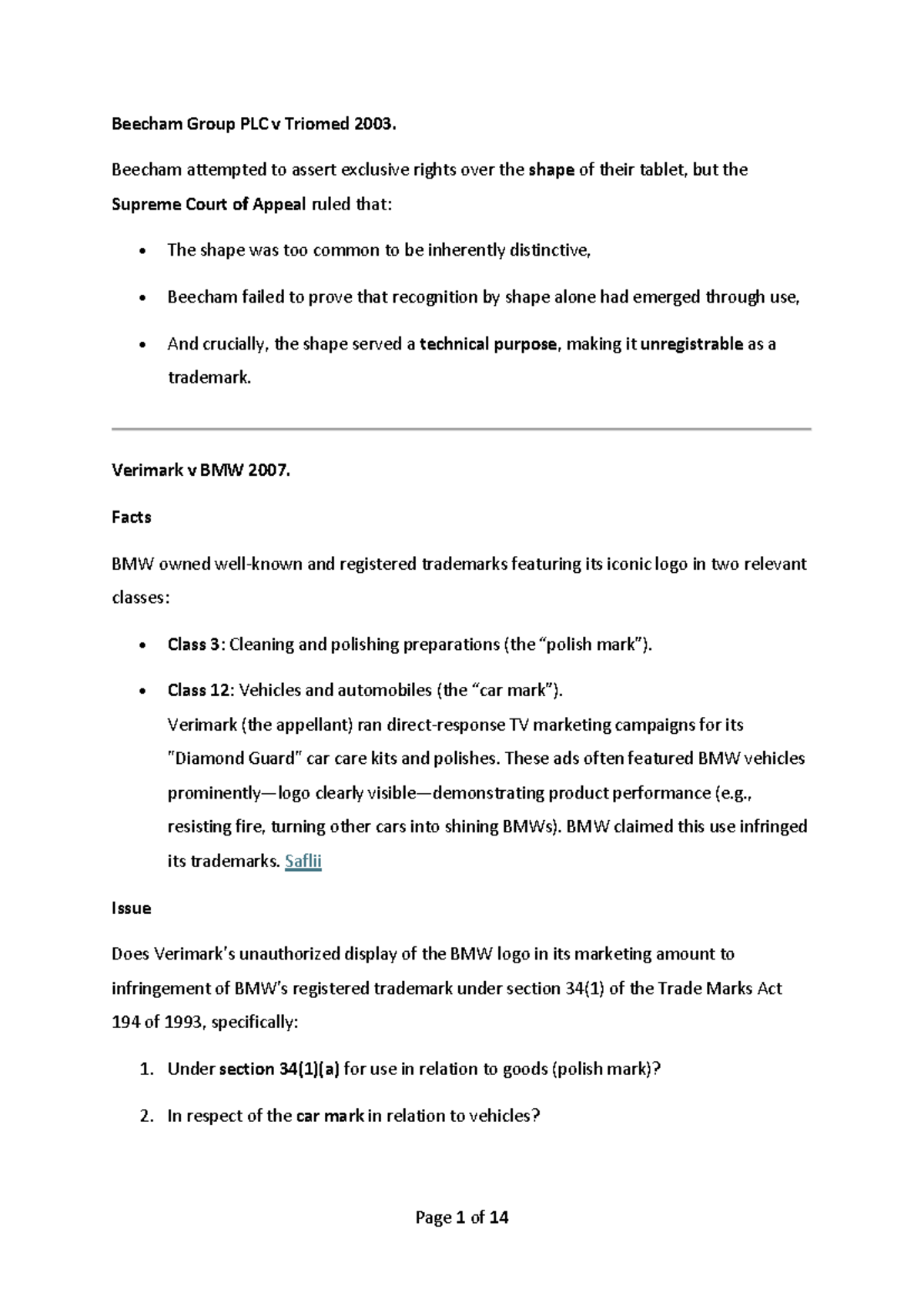 INPL Case Law LU1 - Trademark Infringement Analysis Notes - Studocu