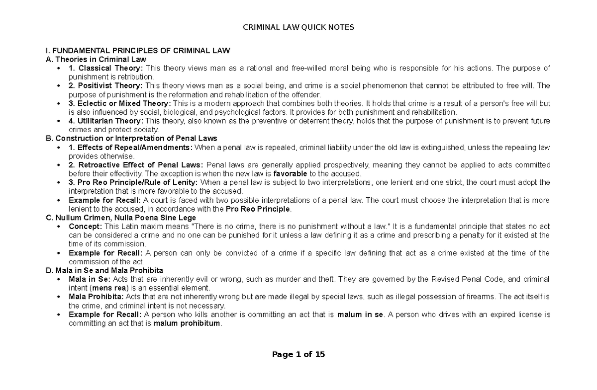 CRIM 101: Quick Notes on Fundamental Principles of Criminal Law - Studocu