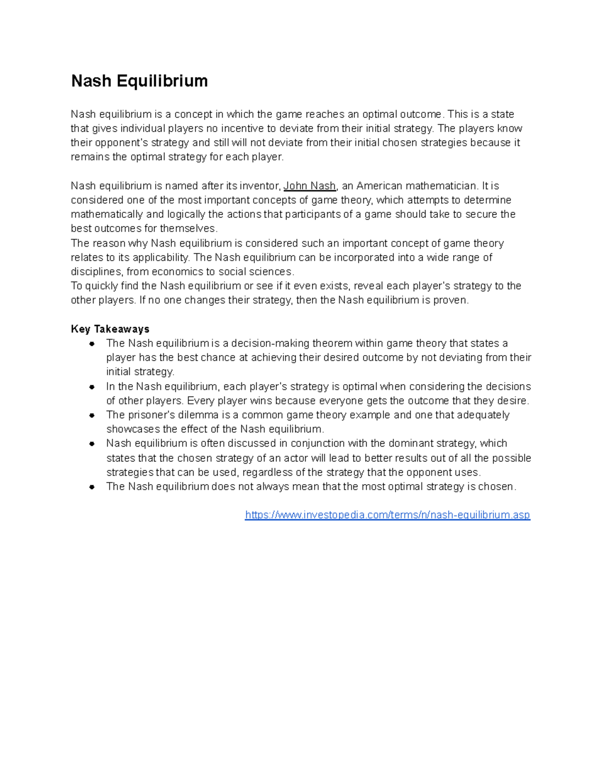 GAME Theory (NASH Equilibrium) - Nash Equilibrium Nash equilibrium is a ...
