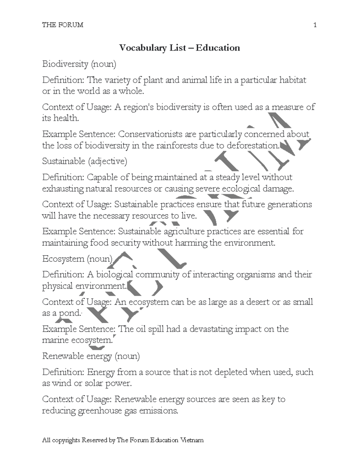 Vocabulary List - Environmental Literacy (Final Exam) - Studocu